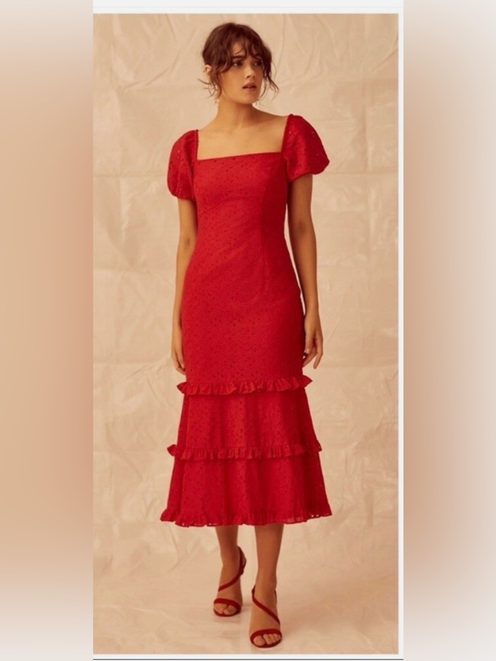 KEEPSAKE the Label Red Eyelet Puff-Sleeve Midi Dress